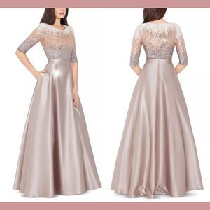 NEW $330 Betsy & Adam‎ [ 12 ] Embellished A-line Satin Gown Mocha #Q974